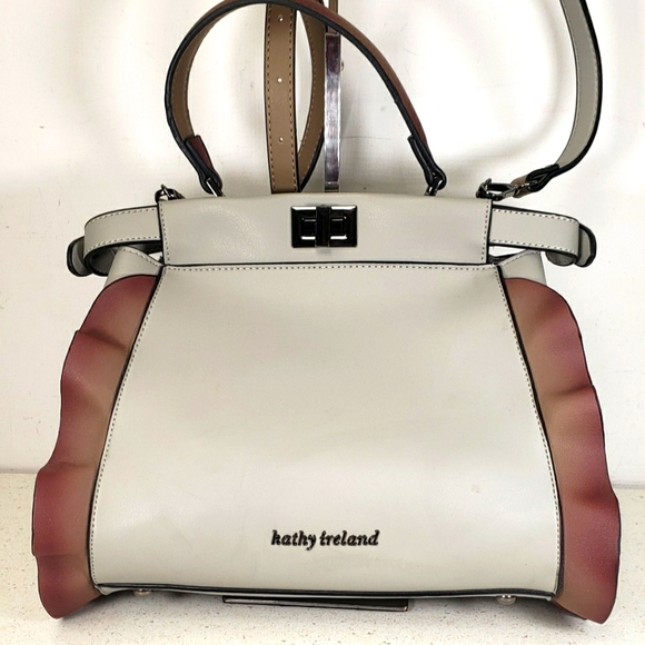 Kathy Ireland Designer Handbag - Gray & Brown Ruffle Crossbody Handbag Purse - Picture 3 of 16